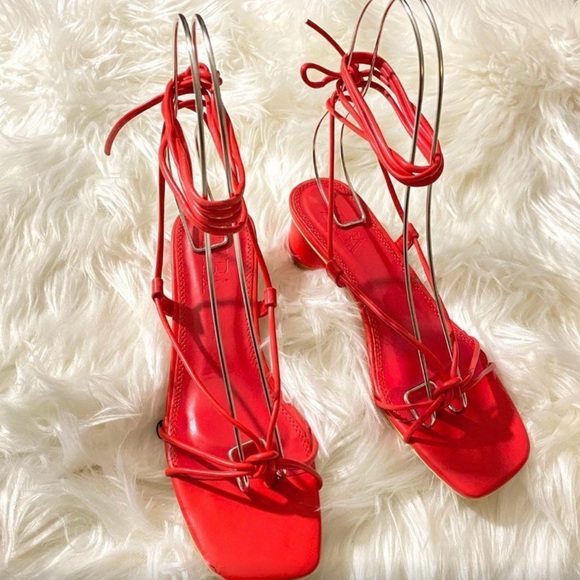 Zara Red Strappy Sandals with Sculptural Heel - Picture 3 of 5